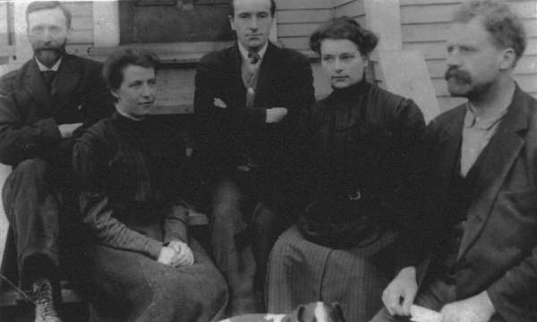 an old photograph showing a group of 3 men and 2 women in Victorian clothing